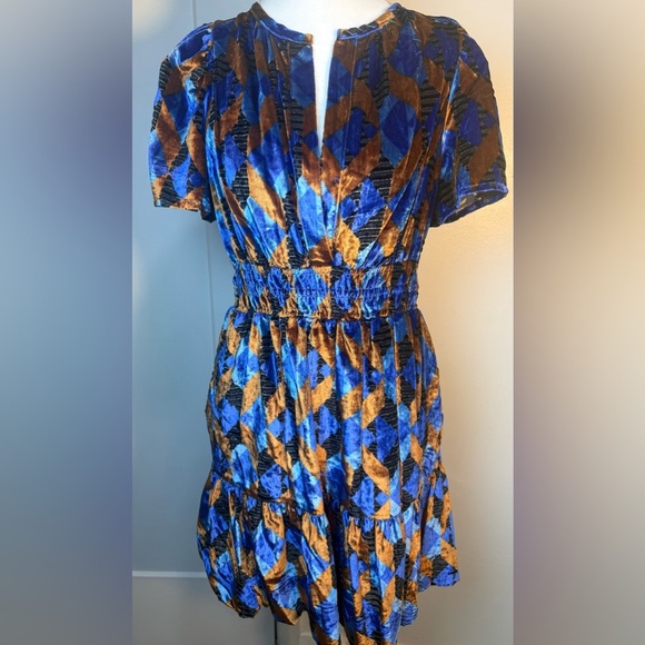 Anthropologie Blue and Brown Geometric Mini Dress - Picture 3 of 12